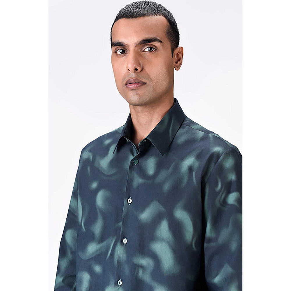 Genes Lecointe Hemant Giza Cotton Poplin Aurora Print Shirt Black Green