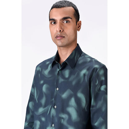 Genes Lecointe Hemant Giza Cotton Poplin Aurora Print Shirt Black Green