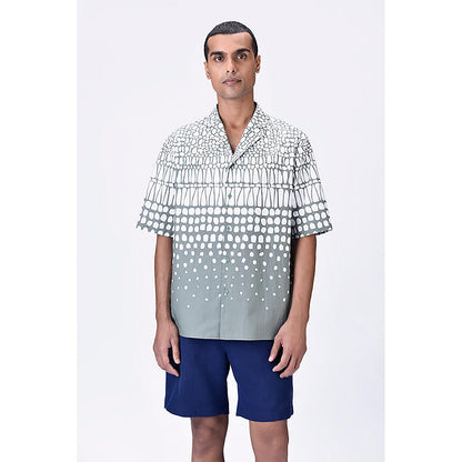 Genes Lecointe Hemant Taupe Easy Fit Cuban Collar Shirt With Cell Degrade Print