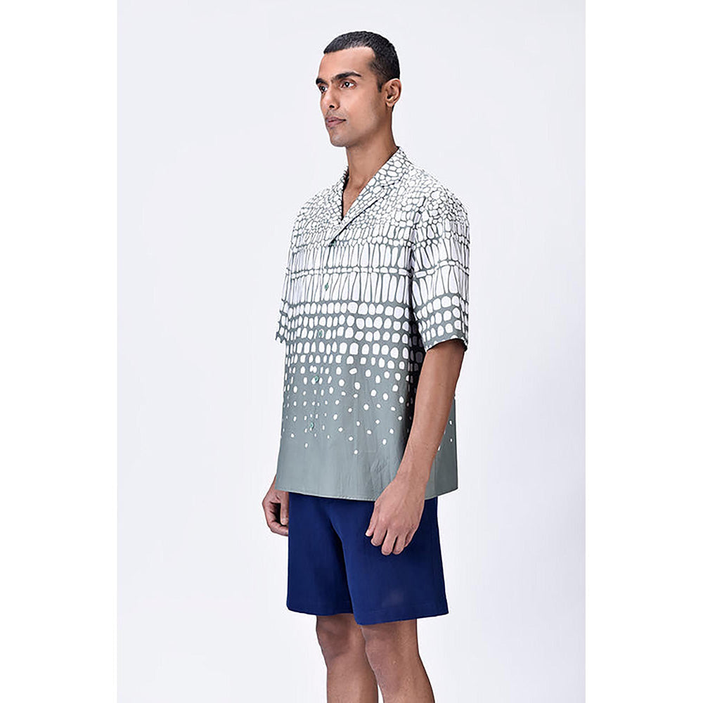 Genes Lecointe Hemant Taupe Easy Fit Cuban Collar Shirt With Cell Degrade Print