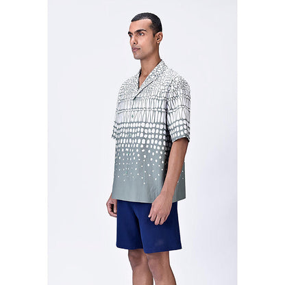 Genes Lecointe Hemant Taupe Easy Fit Cuban Collar Shirt With Cell Degrade Print