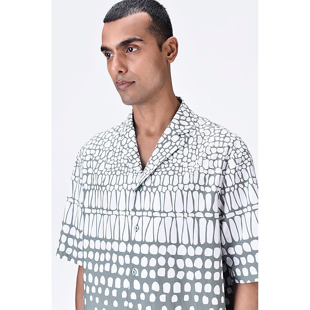 Genes Lecointe Hemant Taupe Easy Fit Cuban Collar Shirt With Cell Degrade Print