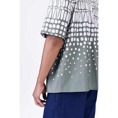 Genes Lecointe Hemant Taupe Easy Fit Cuban Collar Shirt With Cell Degrade Print