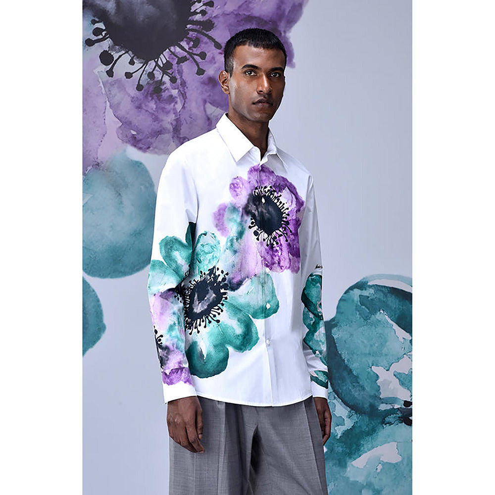 Genes Lecointe Hemant Anemone Flower Regular Fit Shirt- Green