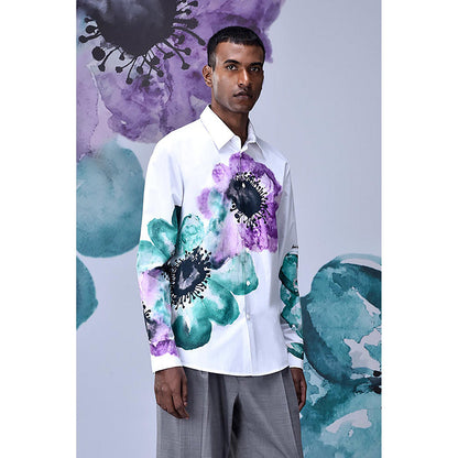 Genes Lecointe Hemant Anemone Flower Regular Fit Shirt- Green