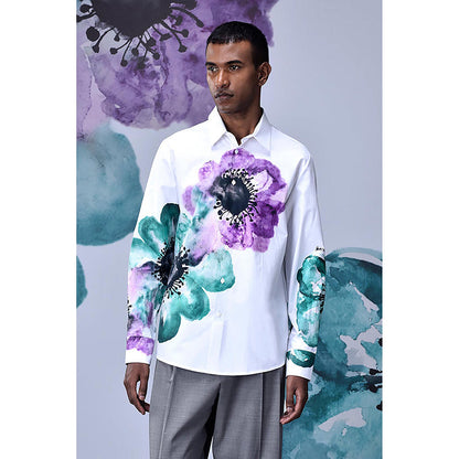 Genes Lecointe Hemant Anemone Flower Regular Fit Shirt- Green