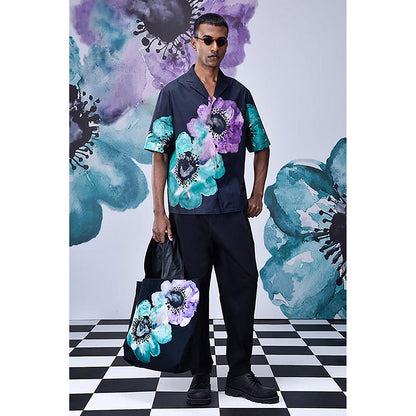 Genes Lecointe Hemant Anemone Flower Relax Fit Cuban Shirt- Green