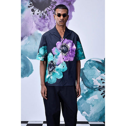 Genes Lecointe Hemant Anemone Flower Relax Fit Cuban Shirt- Green