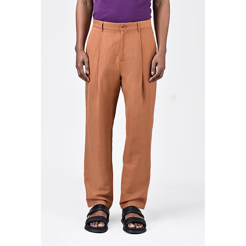 Genes Lecointe Hemant Men's Straight Fit Pleated Trousers-Salmon Pink