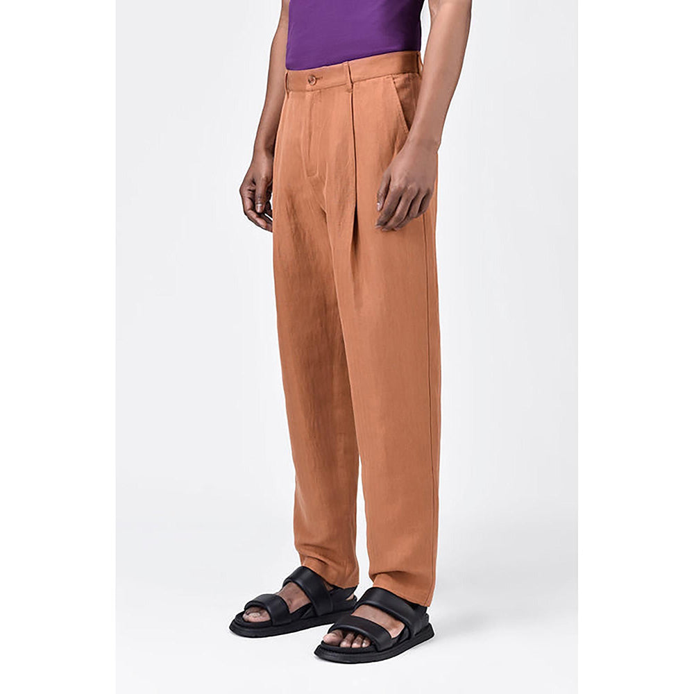 Genes Lecointe Hemant Men's Straight Fit Pleated Trousers-Salmon Pink