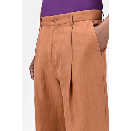 Genes Lecointe Hemant Men's Straight Fit Pleated Trousers-Salmon Pink