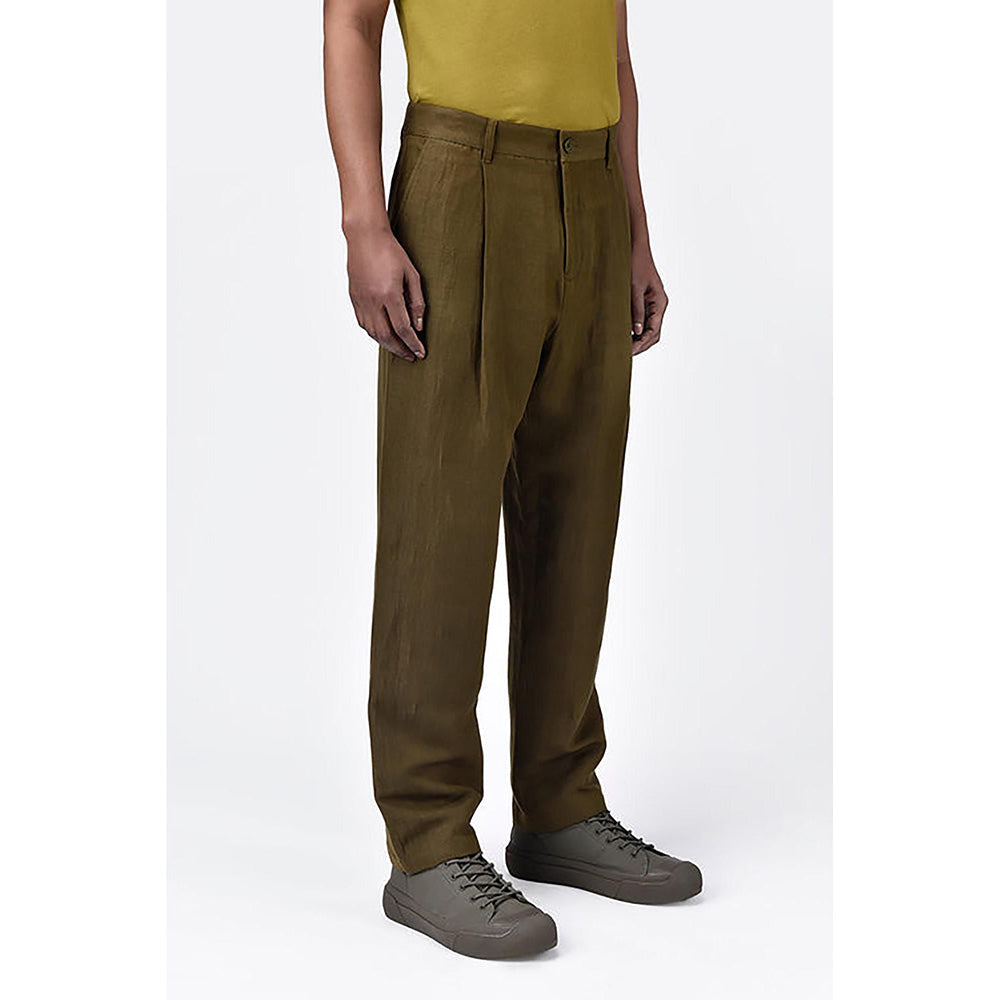 Genes Lecointe Hemant Men's Straight Fit Pleated Trousers Khaki