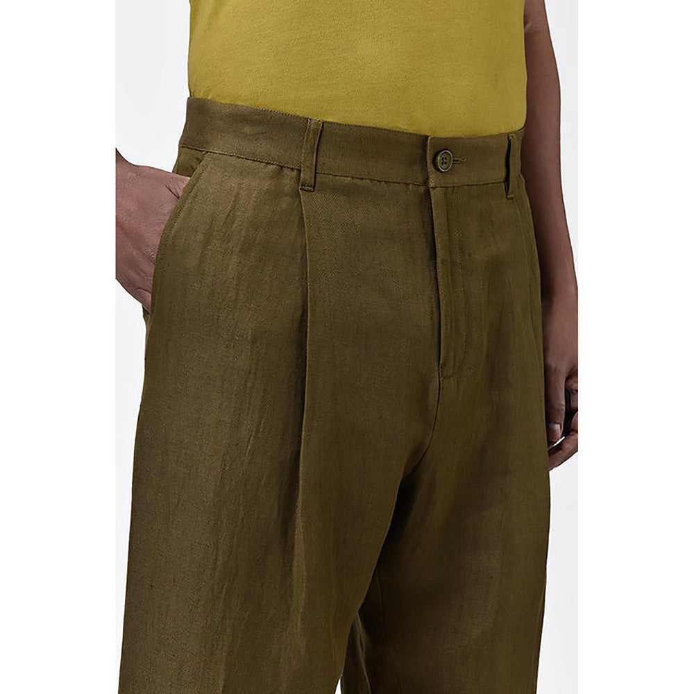 Genes Lecointe Hemant Men's Straight Fit Pleated Trousers Khaki