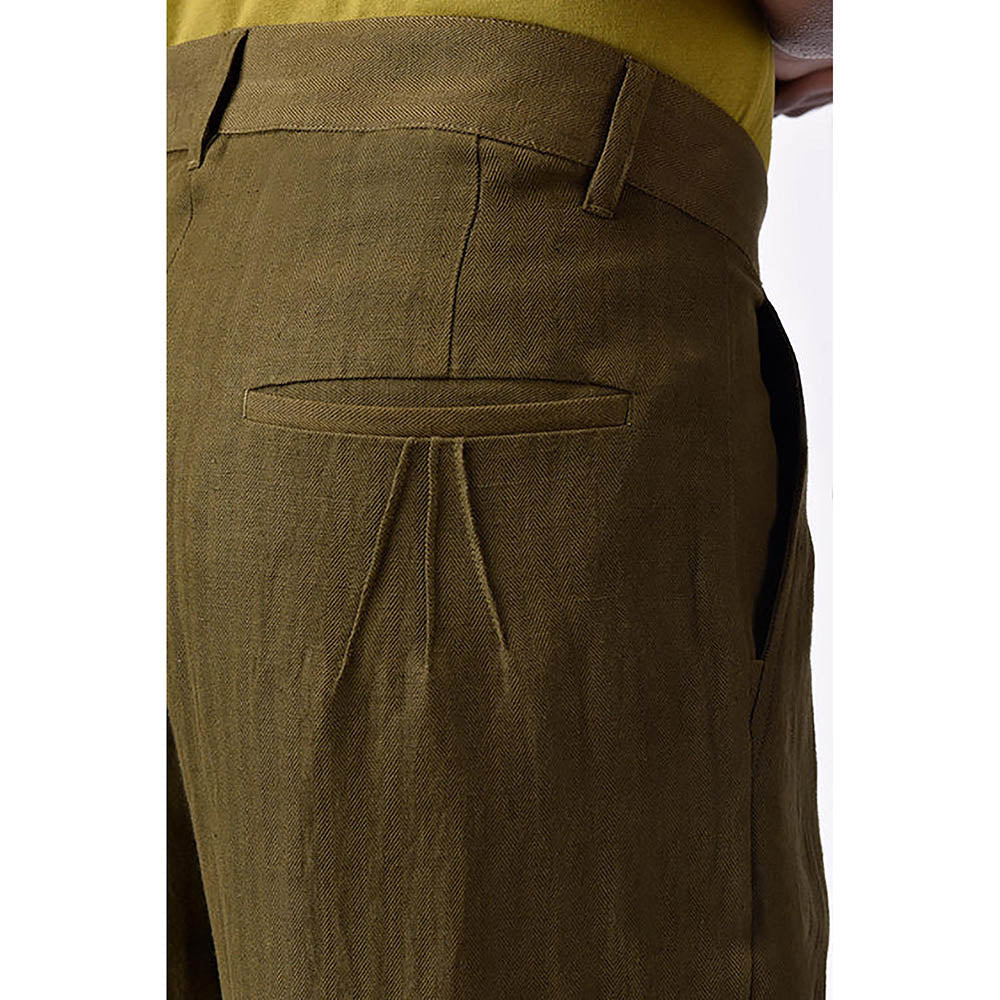 Genes Lecointe Hemant Men's Straight Fit Pleated Trousers Khaki