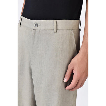 Genes Lecointe Hemant Taupe Linen Herringbone Flared Trousers