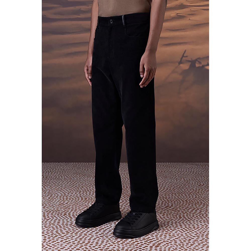 Genes Lecointe Hemant Classic Black Corduroy Trousers With Leather Detail