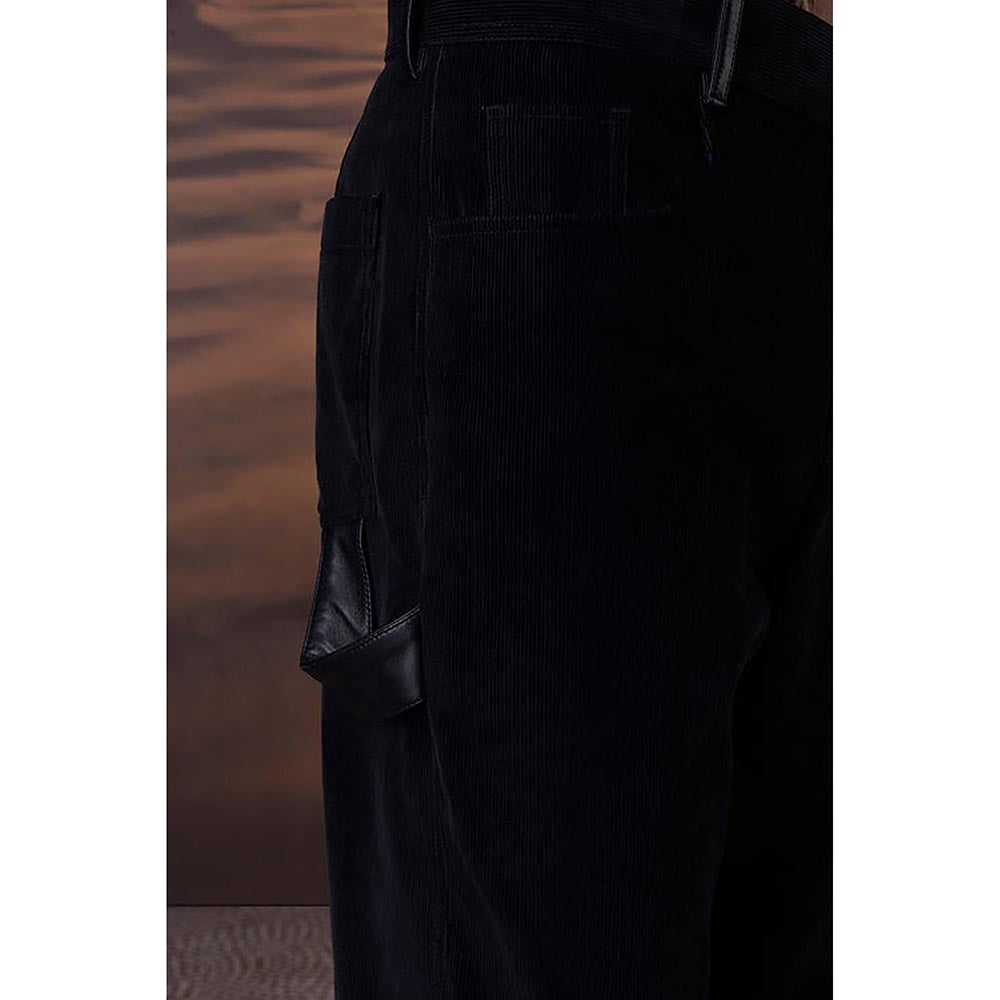 Genes Lecointe Hemant Classic Black Corduroy Trousers With Leather Detail