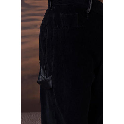 Genes Lecointe Hemant Classic Black Corduroy Trousers With Leather Detail
