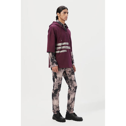 Genes Lecointe Hemant Relaxed Fit Hoodie T-Shirt With Brushed Logo Print Placement- Wine