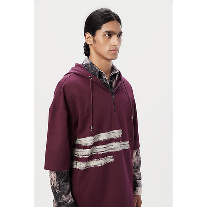 Genes Lecointe Hemant Relaxed Fit Hoodie T-Shirt With Brushed Logo Print Placement- Wine