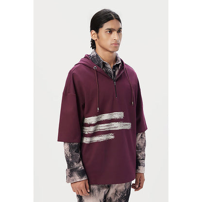 Genes Lecointe Hemant Relaxed Fit Hoodie T-Shirt With Brushed Logo Print Placement- Wine