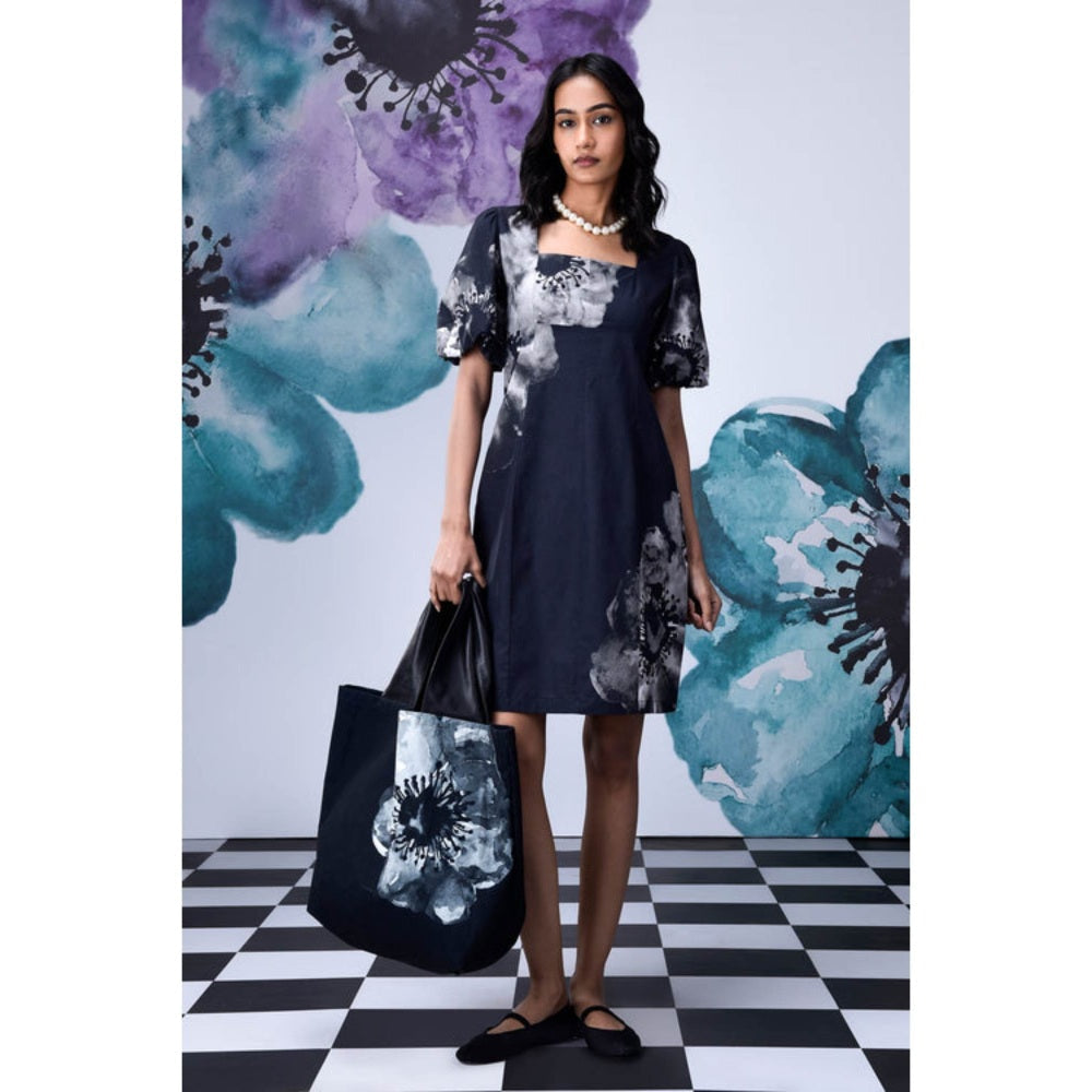 Genes Lecoanet Hemant Anemone Flower Regular Fit Dress - Black Grey