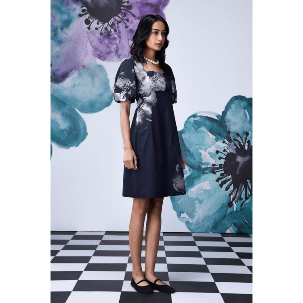 Genes Lecoanet Hemant Anemone Flower Regular Fit Dress - Black Grey