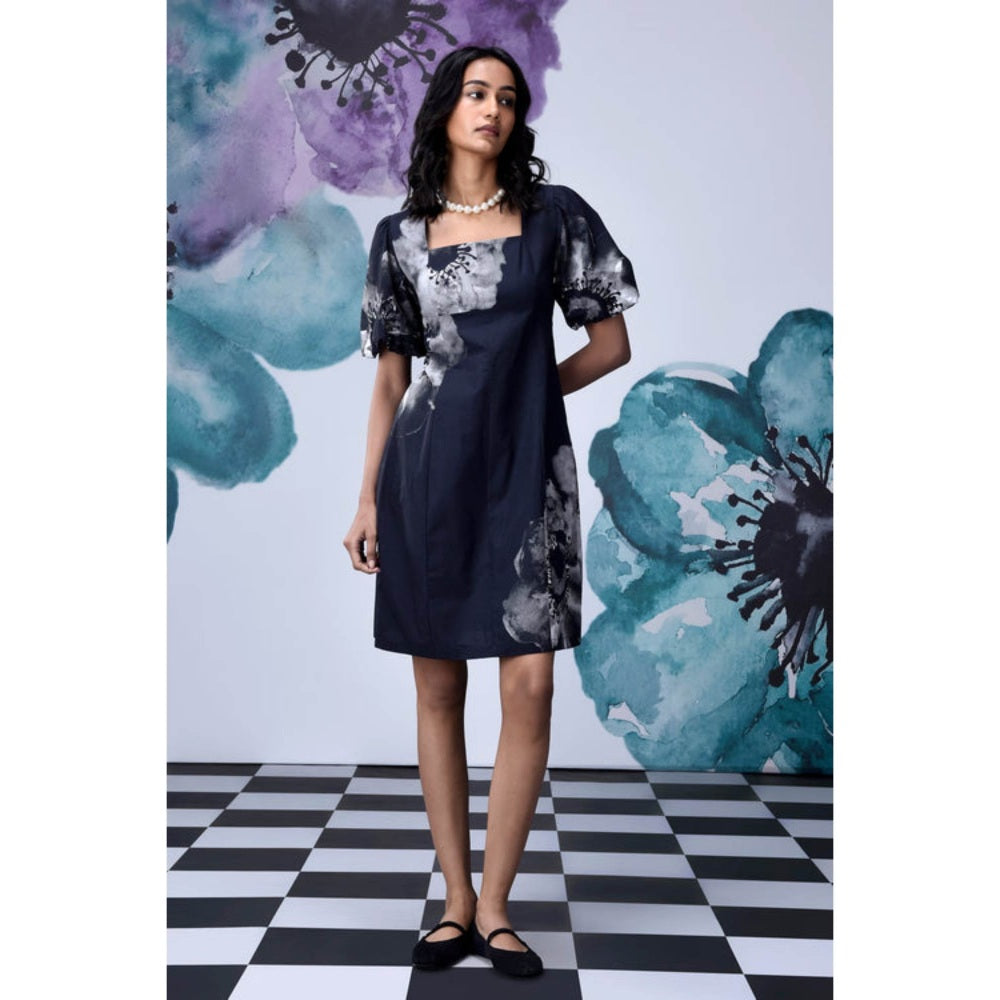 Genes Lecoanet Hemant Anemone Flower Regular Fit Dress - Black Grey