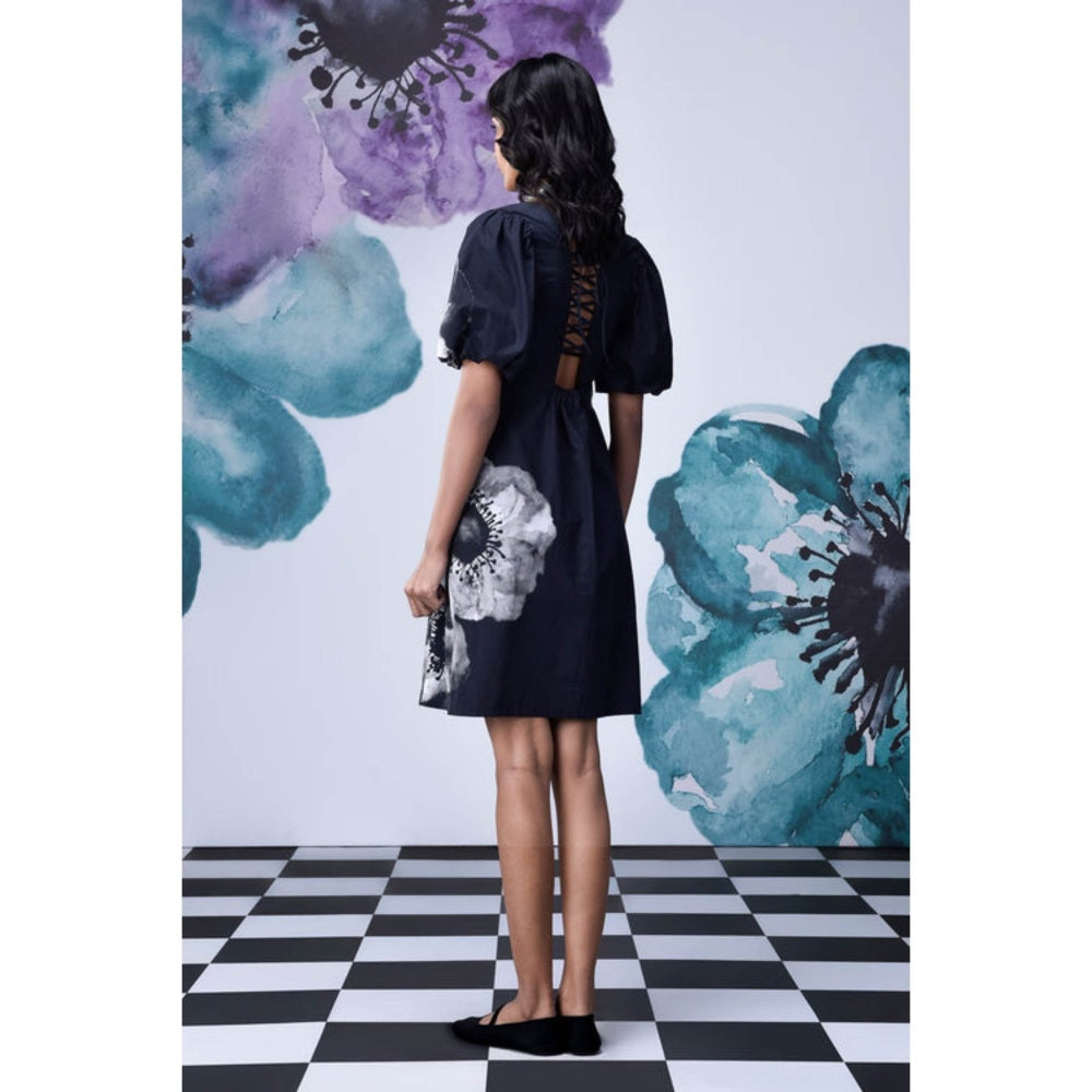 Genes Lecoanet Hemant Anemone Flower Regular Fit Dress - Black Grey