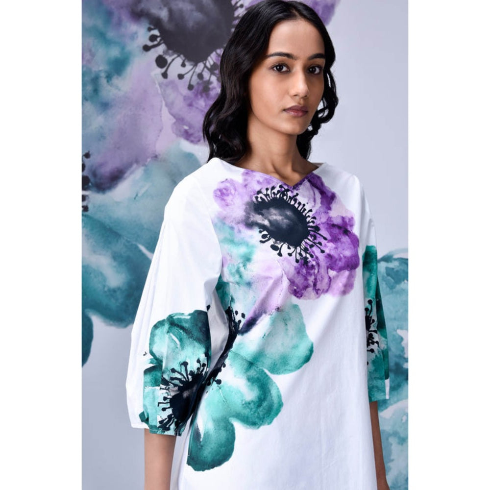 Genes Lecoanet Hemant Anemone Flower Regular Fit Dress- White Green
