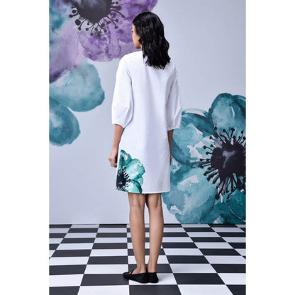 Genes Lecoanet Hemant Anemone Flower Regular Fit Dress- White Green