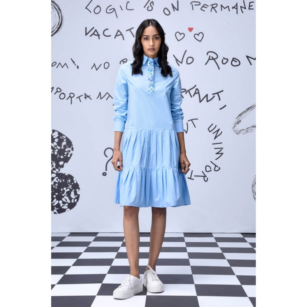 Genes Lecoanet Hemant Sequin Placket Relax Fit Dress- Light Blue