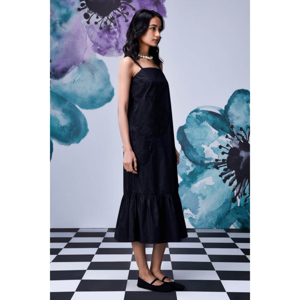 Genes Lecoanet Hemant Black Giza Cotton Poplin Strappy Midi Dress