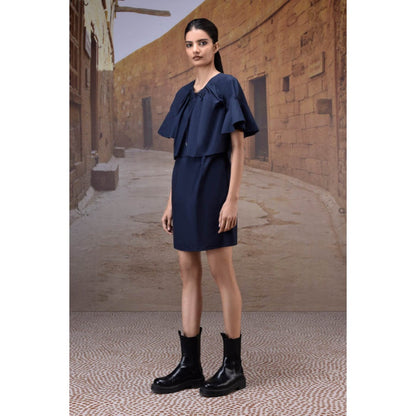 Genes Lecoanet Hemant Navy Flounce Sleeve Cotton Dress
