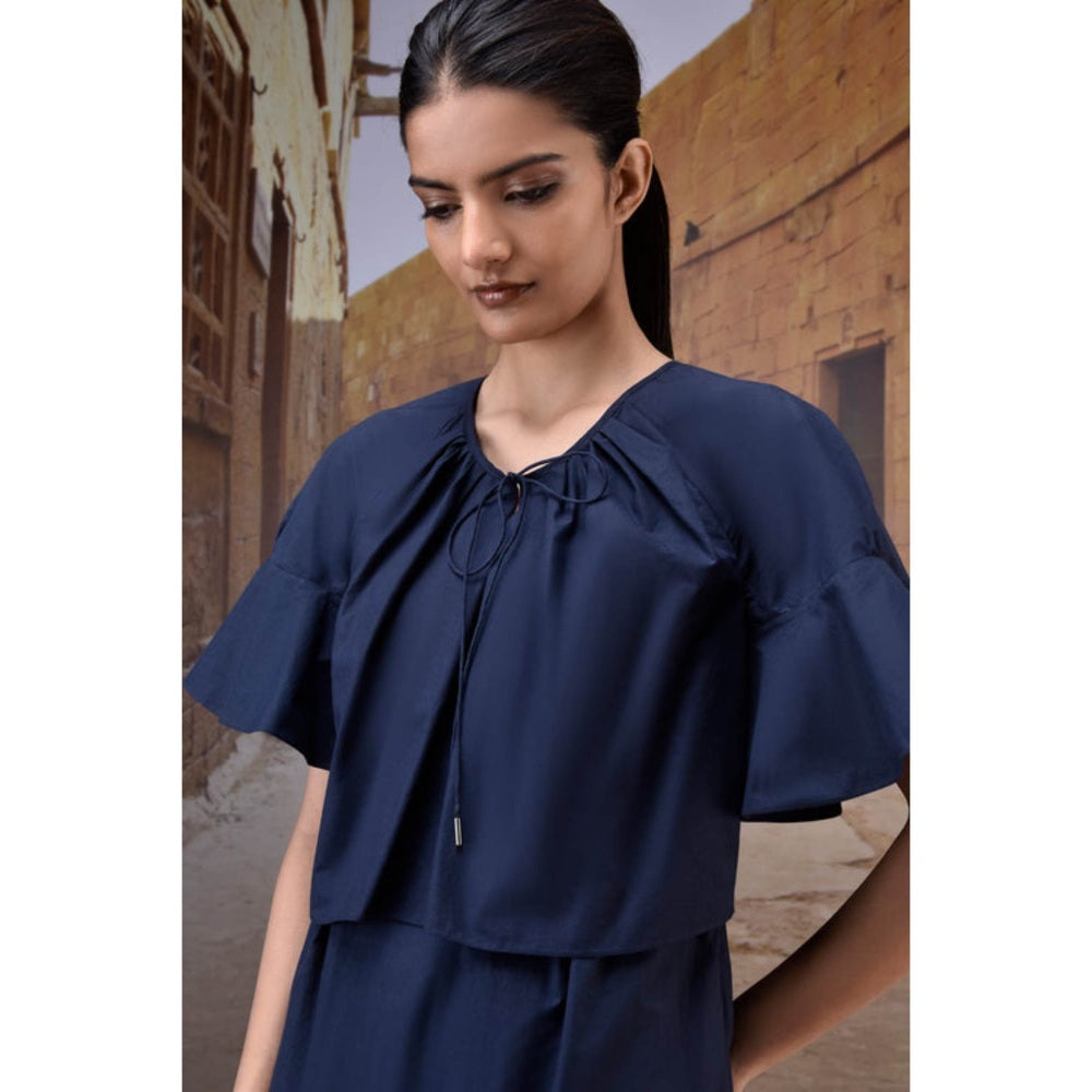 Genes Lecoanet Hemant Navy Flounce Sleeve Cotton Dress