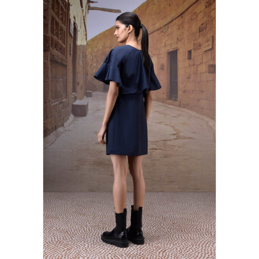 Genes Lecoanet Hemant Navy Flounce Sleeve Cotton Dress