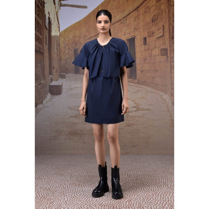Genes Lecoanet Hemant Navy Flounce Sleeve Cotton Dress