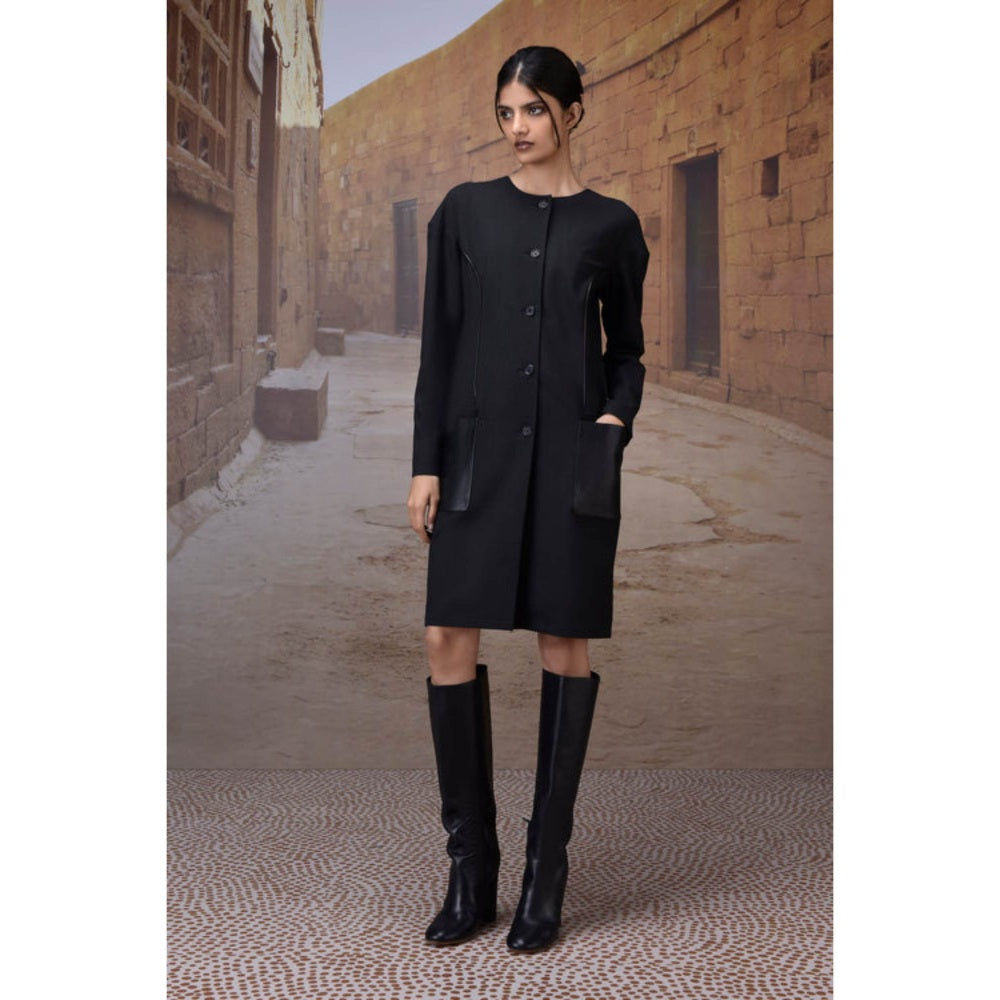 Genes Lecoanet Hemant Charcoal Poly Viscose Check Dress With Leather Details
