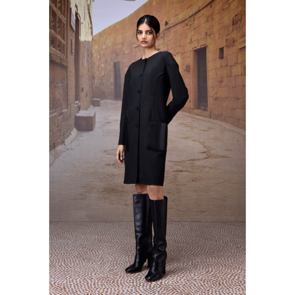 Genes Lecoanet Hemant Charcoal Poly Viscose Check Dress With Leather Details