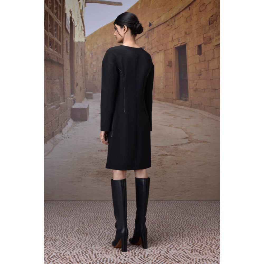 Genes Lecoanet Hemant Charcoal Poly Viscose Check Dress With Leather Details