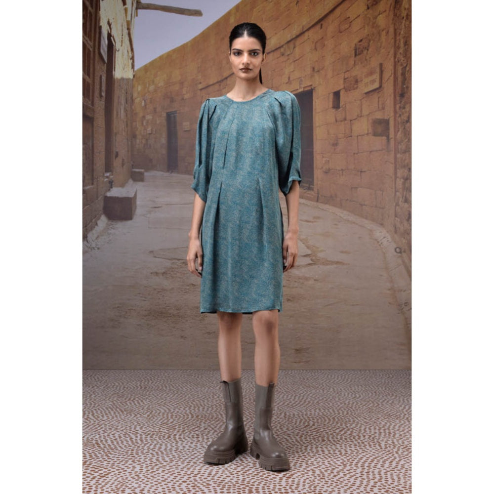 Genes Lecoanet Hemant Pleated Retro Blue Satin Dress