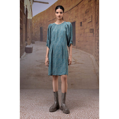 Genes Lecoanet Hemant Pleated Retro Blue Satin Dress