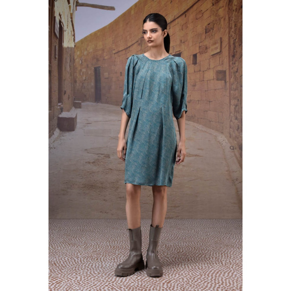 Genes Lecoanet Hemant Pleated Retro Blue Satin Dress