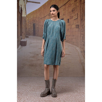 Genes Lecoanet Hemant Pleated Retro Blue Satin Dress