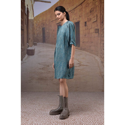 Genes Lecoanet Hemant Pleated Retro Blue Satin Dress