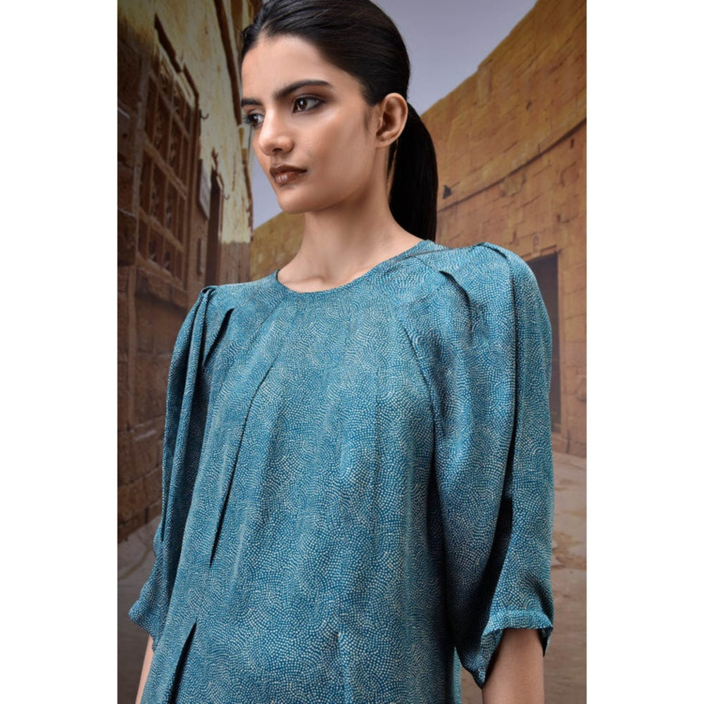 Genes Lecoanet Hemant Pleated Retro Blue Satin Dress