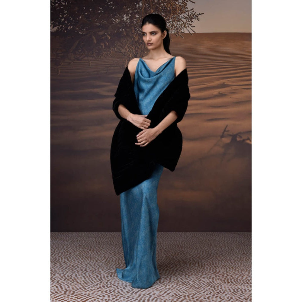 Genes Lecoanet Hemant Retro Blue Satin Cowl Neck Dress
