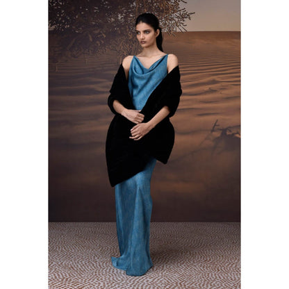 Genes Lecoanet Hemant Retro Blue Satin Cowl Neck Dress