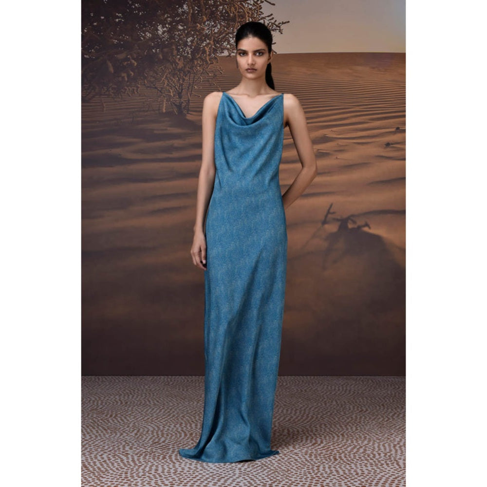 Genes Lecoanet Hemant Retro Blue Satin Cowl Neck Dress