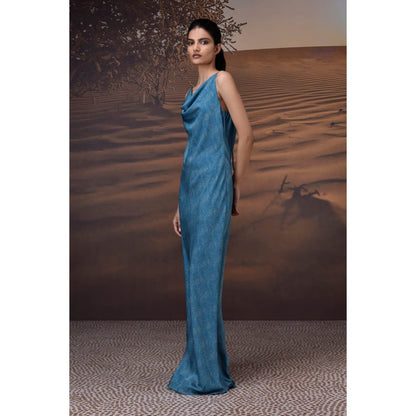 Genes Lecoanet Hemant Retro Blue Satin Cowl Neck Dress